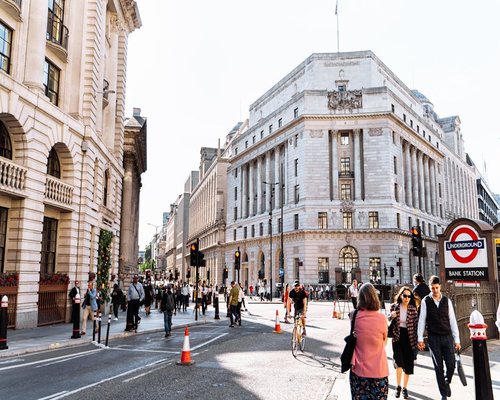 Busy city street with people commuting